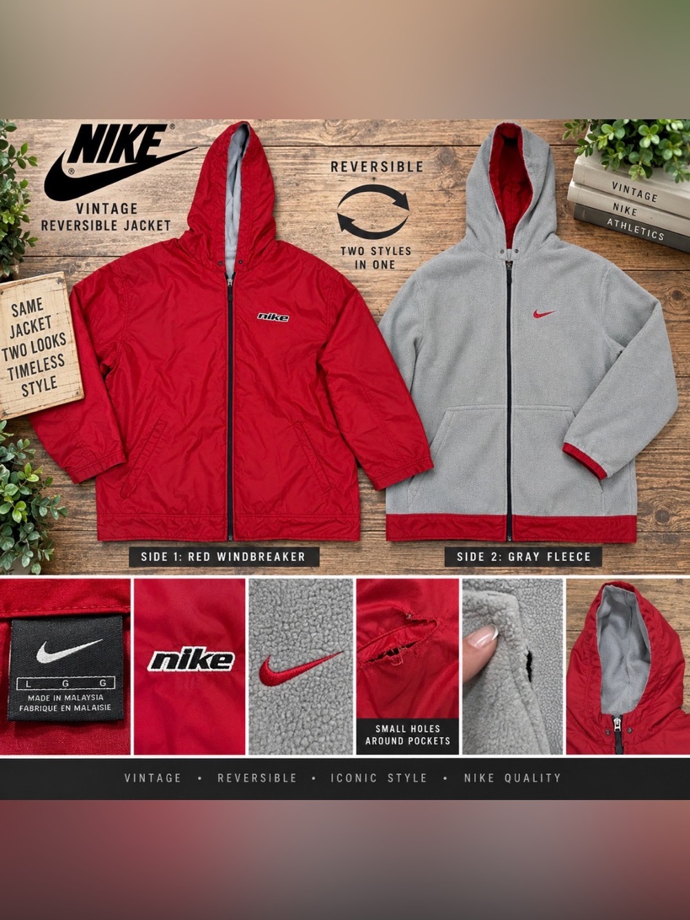Vintage Nike Reversible Jacket Men’s L Red Gray Fleece Windbreaker Y2K Swoosh